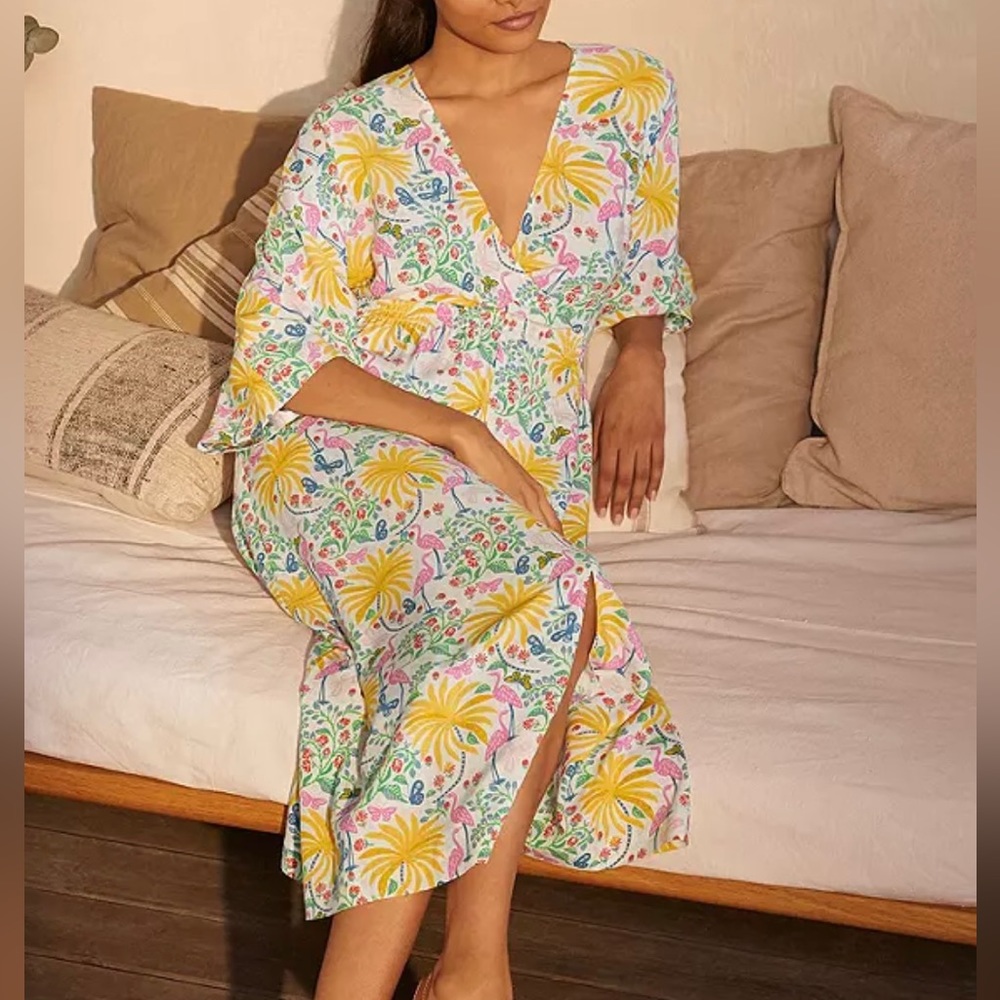 EUC Boden Betsy Midi dress - ivory, tropical - beautiful happy print!